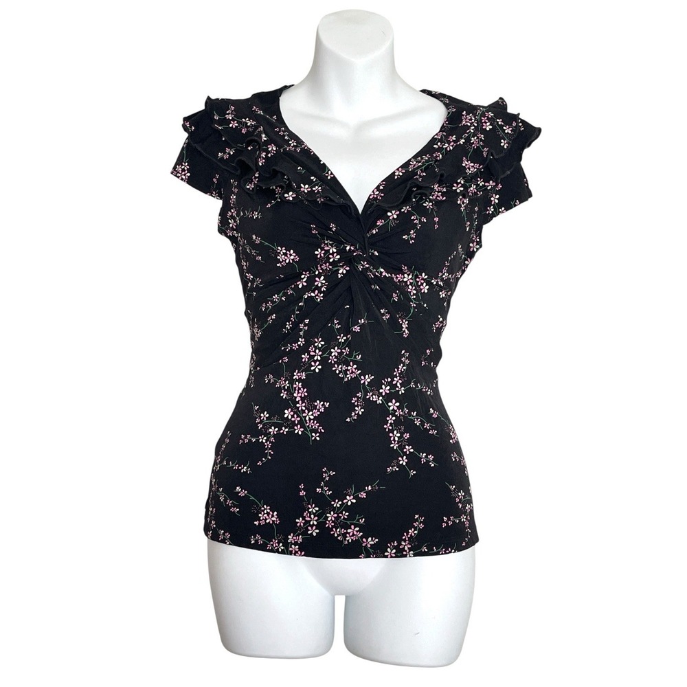 Vintage Y2K DressBarn Babydoll Black Floral Top Sz S Fairycore Dark Coquette - Picture 2 of 10